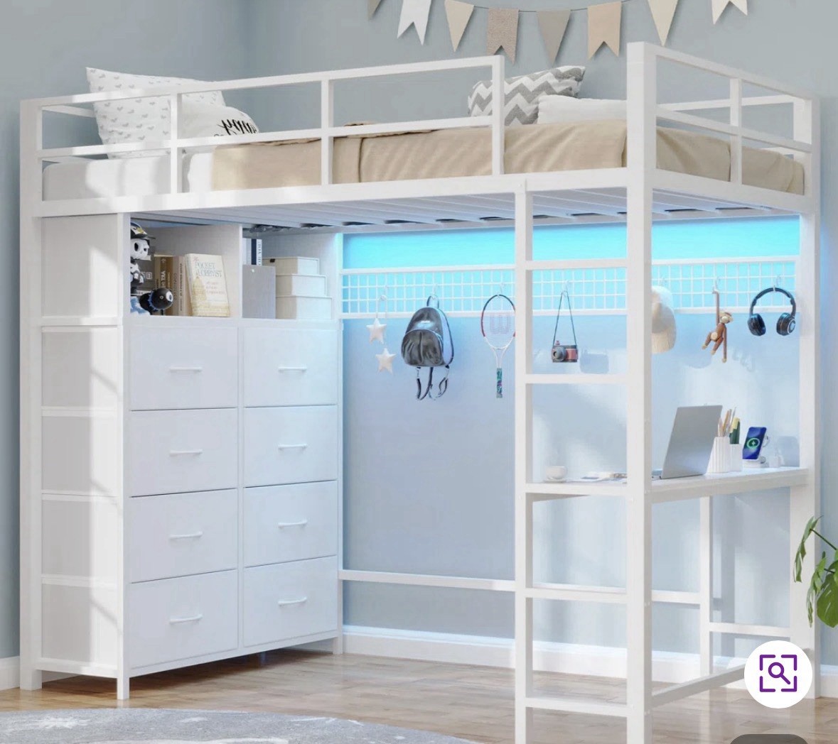 White Metal Twin Loft Bed Frame with Desk, 8 Storage Drawers, Built-in Stairs