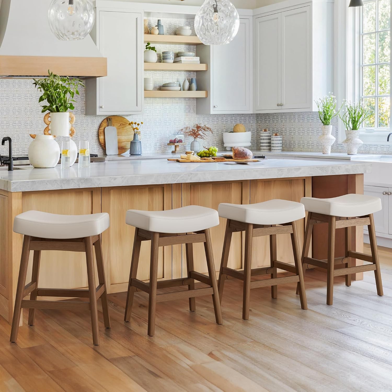 Bar Stools Set of 3 Barstools W/ Sturdy Wood Legs Saddle Seat Counter Height Bar