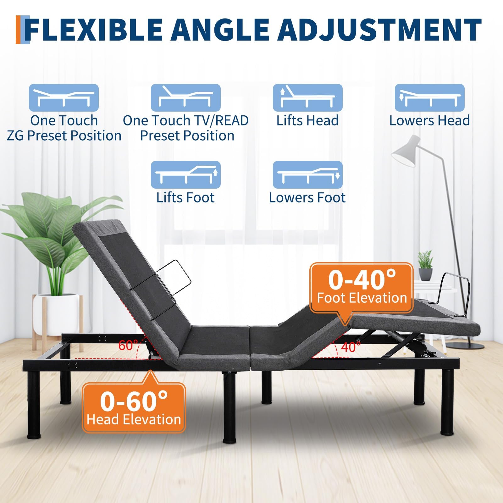 🚩Adjustable Bed Frame, Ergonomic Electric Bed Base, with Head and Foot Incline