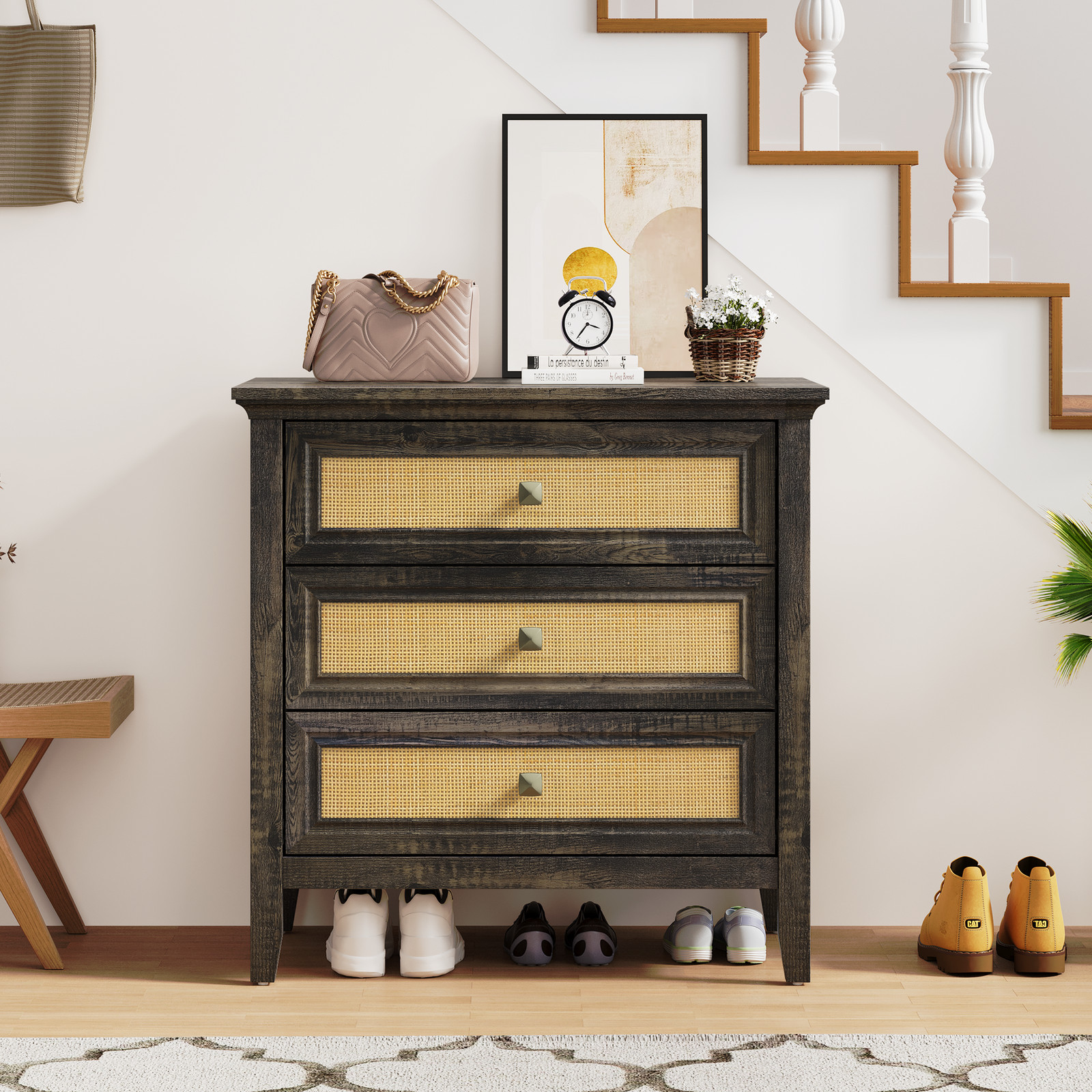 3 Drawer Dresser Chest Nightstand Dark Rustic Oak Particle Board MDF
