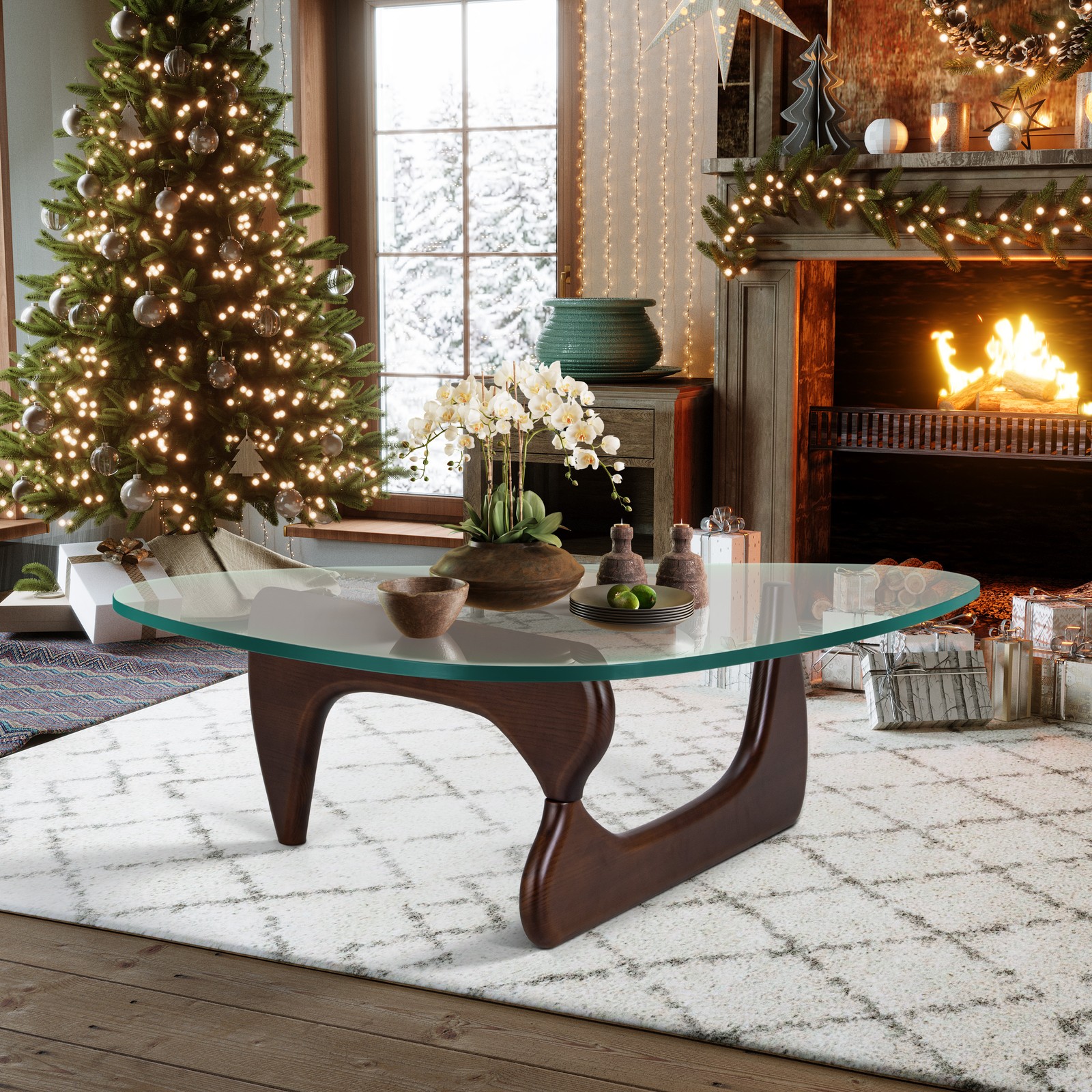 Classic Style Coffee Table 0.8″ Triangle Glass Top Solid Haredwood Base Walnut