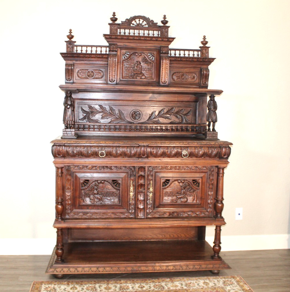 French Antique Carved Chestnut Wood Britany Server / Sideboard