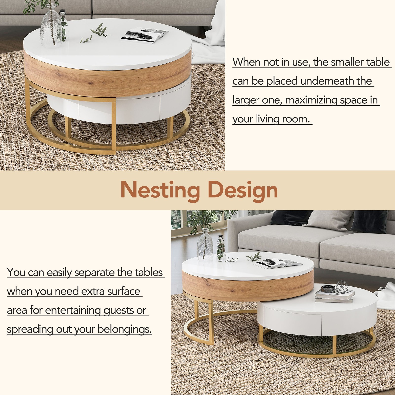 Round Lift-Top Nesting Coffee Tables with 2 Drawers White & Natural