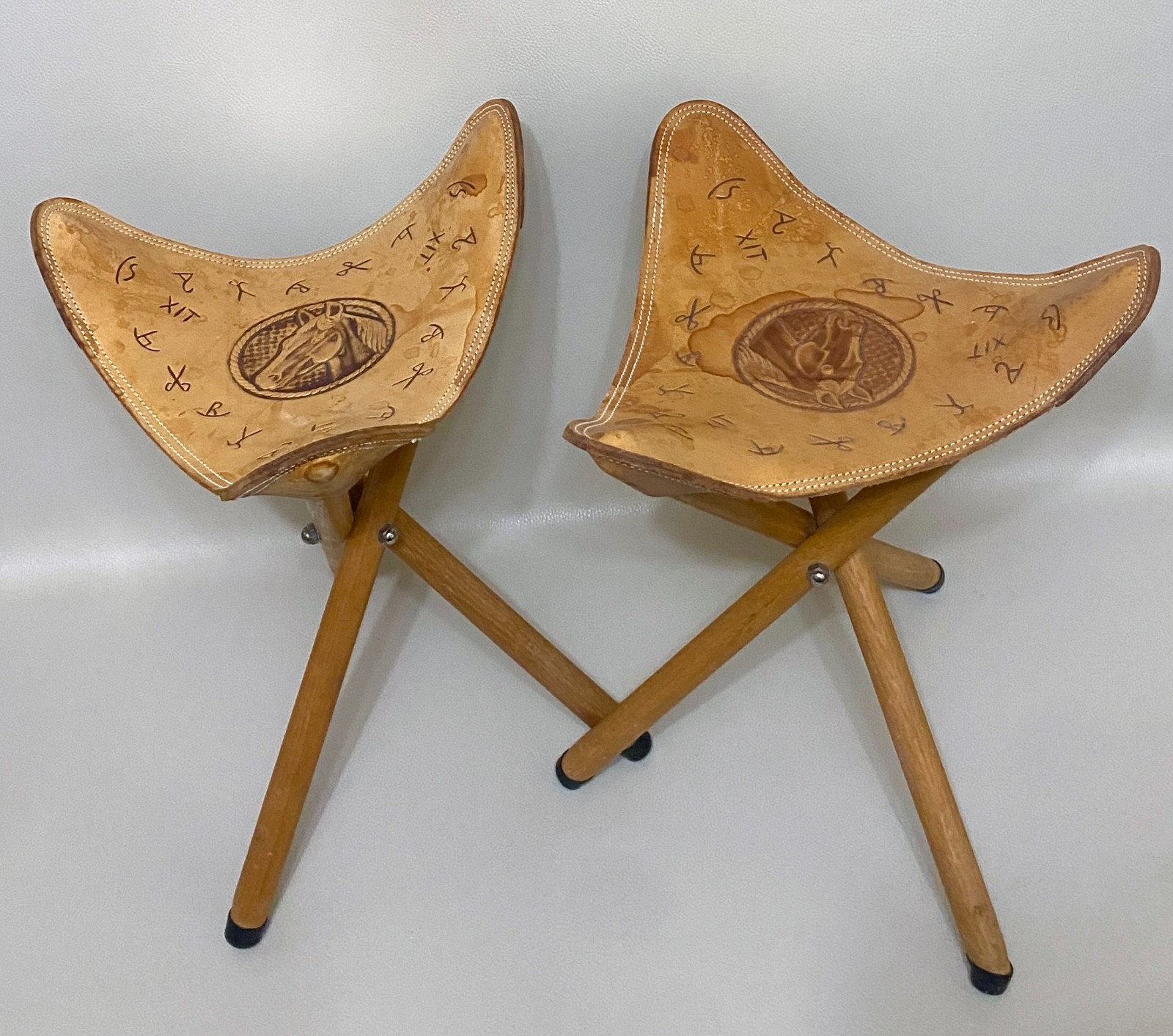 Vintage Tooled Folding Leather Horse Saddle Stools Pair Handmade
