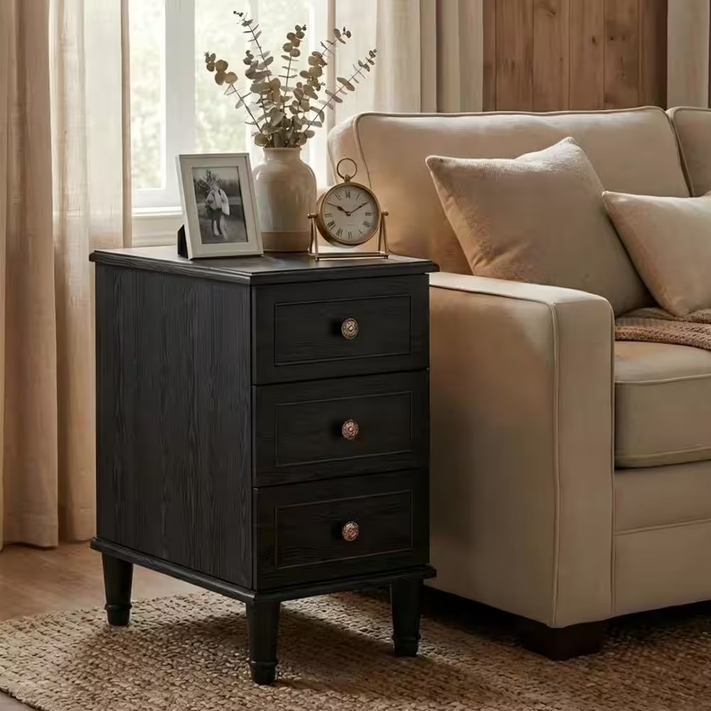 Solid Wood 25.6 In. H X 11.8 In. W Black Mid-Century Nightstand, 3-Drawer Classi
