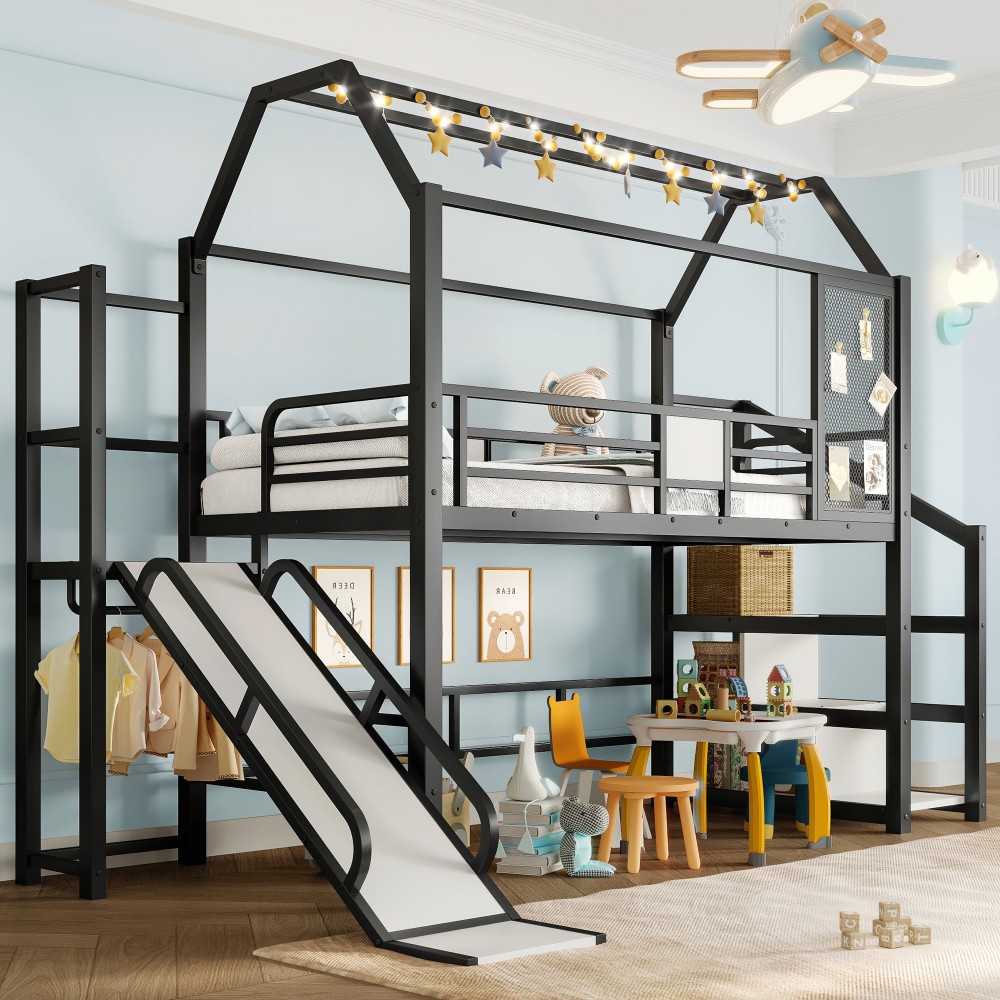 Twin/Full House Loft bed with Slide and Stairs, Metal Bed with Storage Shelves