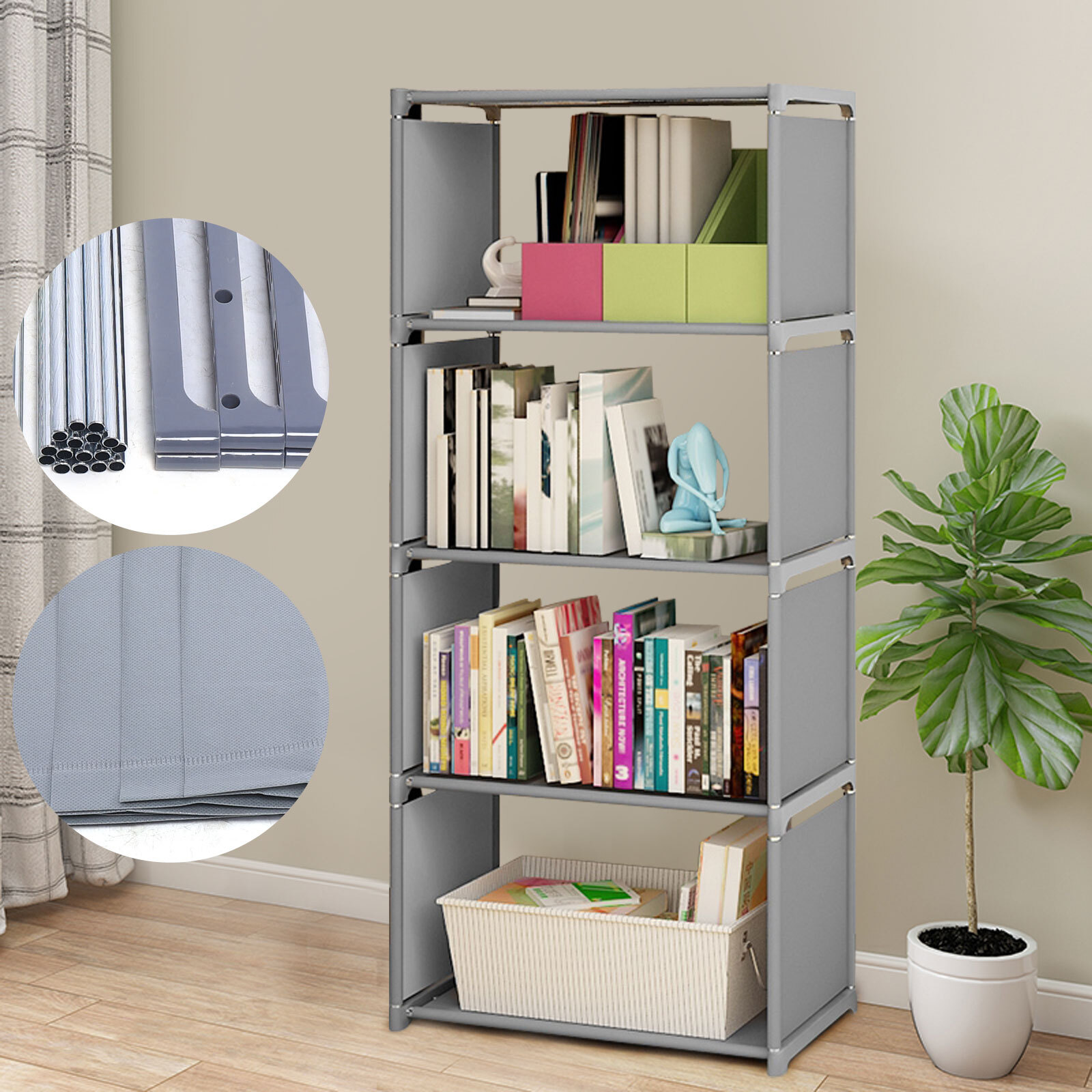 4-TIER INDUSTRIAL BOOKSHELF,DISPLAY STORAGE SHELVES RUSTIC WOOD BOOKCASE SHELVES