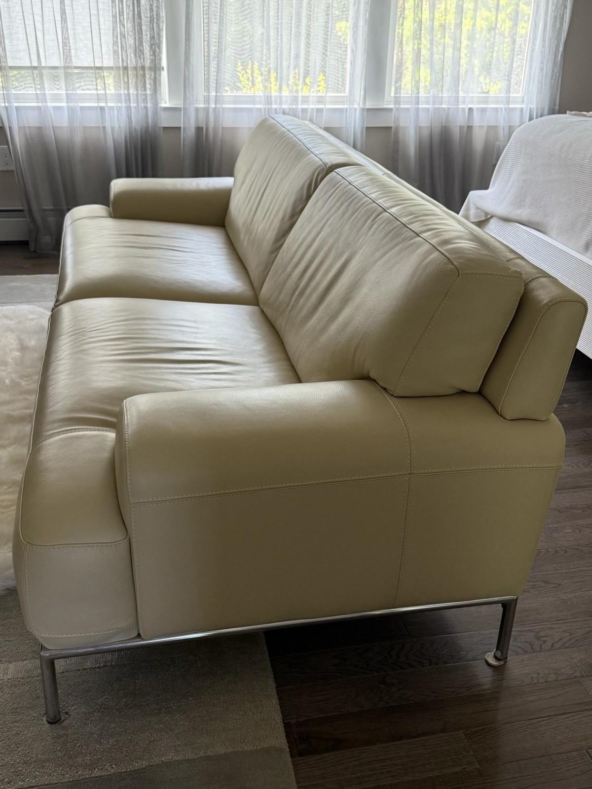Beige Leather 3-Seat Sofa, Track Arms, Silver Metal Frame Legs, Modern
