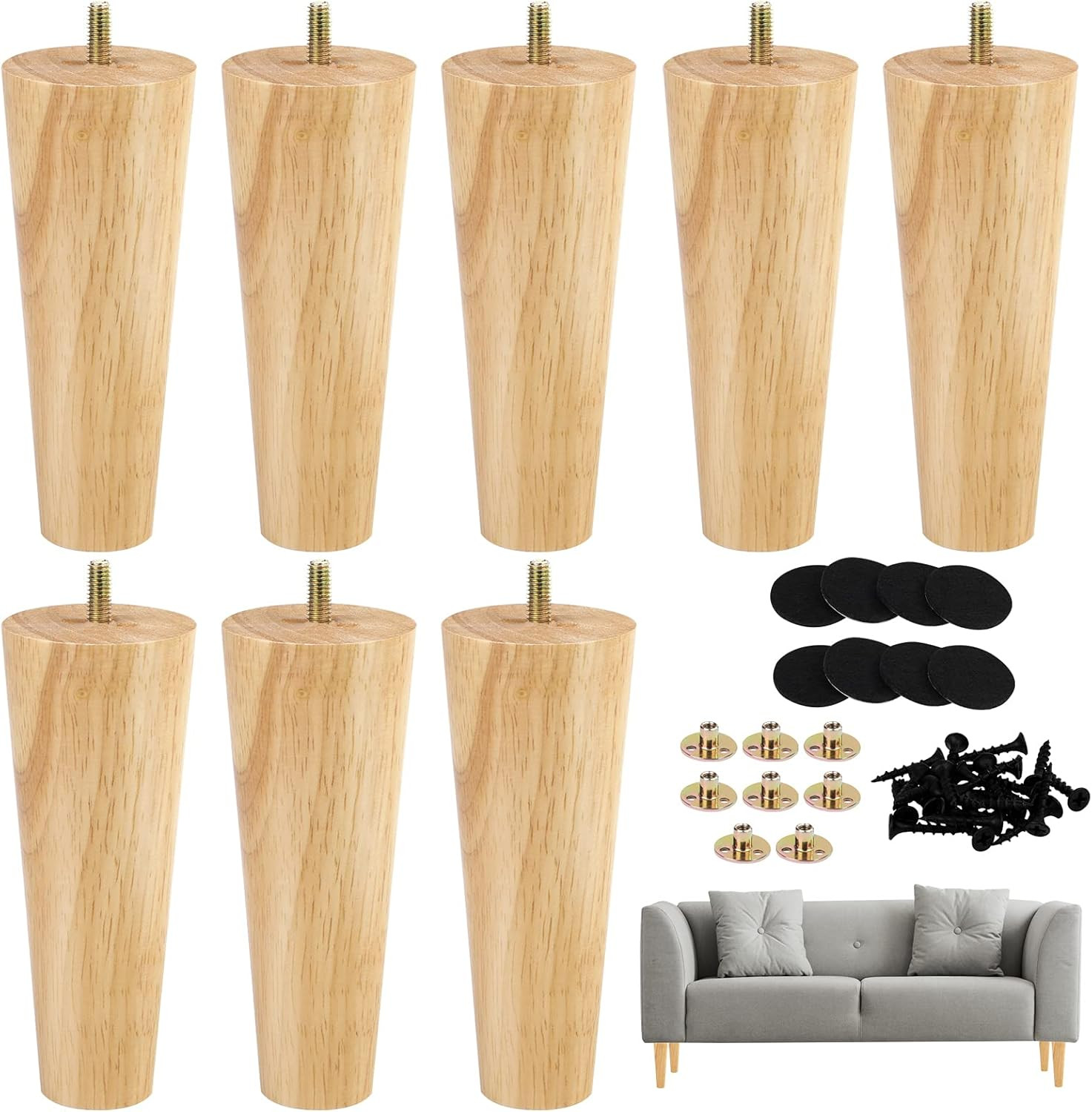 8 PCS 6” Furniture Legs Wood round Couch Legs Replacement, Natural