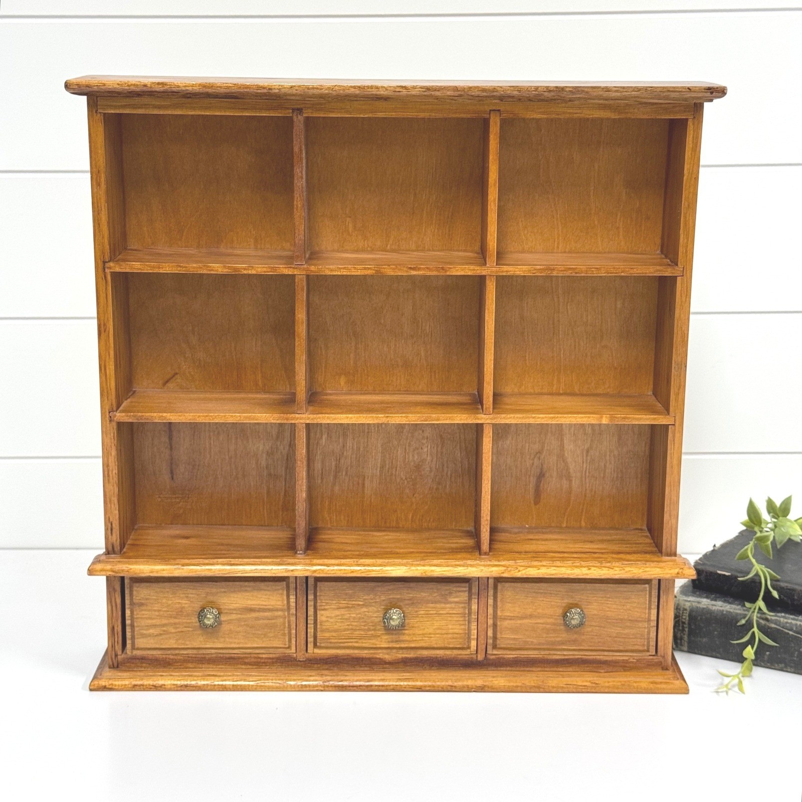 Vintage Wood trinket Box Wall Shelf 9 Cubby 3 Drawer Curio Collectibles Display