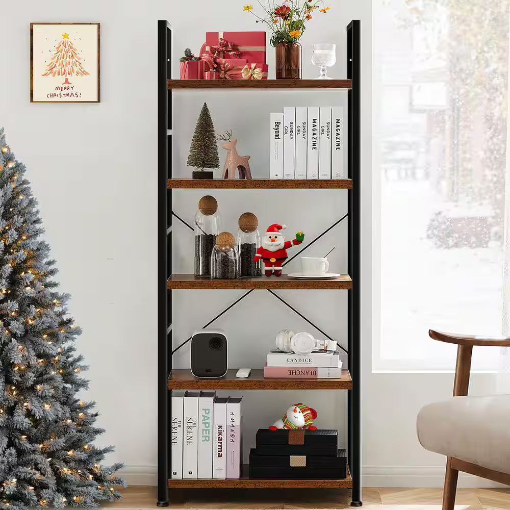 Industrial 62 In. Tall Rust Brown Metal 5-Shelf Bookcase Corner Storage Organize