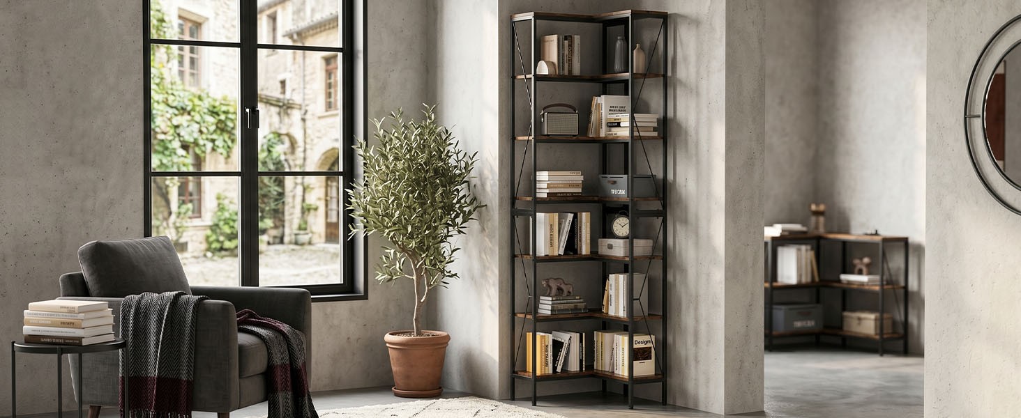 Transform Empty Corners! 7-Tier L-Shaped Bookshelf Industrial Rack For