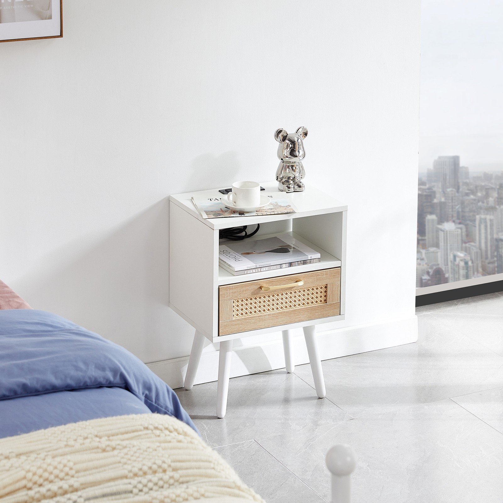 15.75″ Rattan End Table with Drawer, USB Ports & Outlet, White