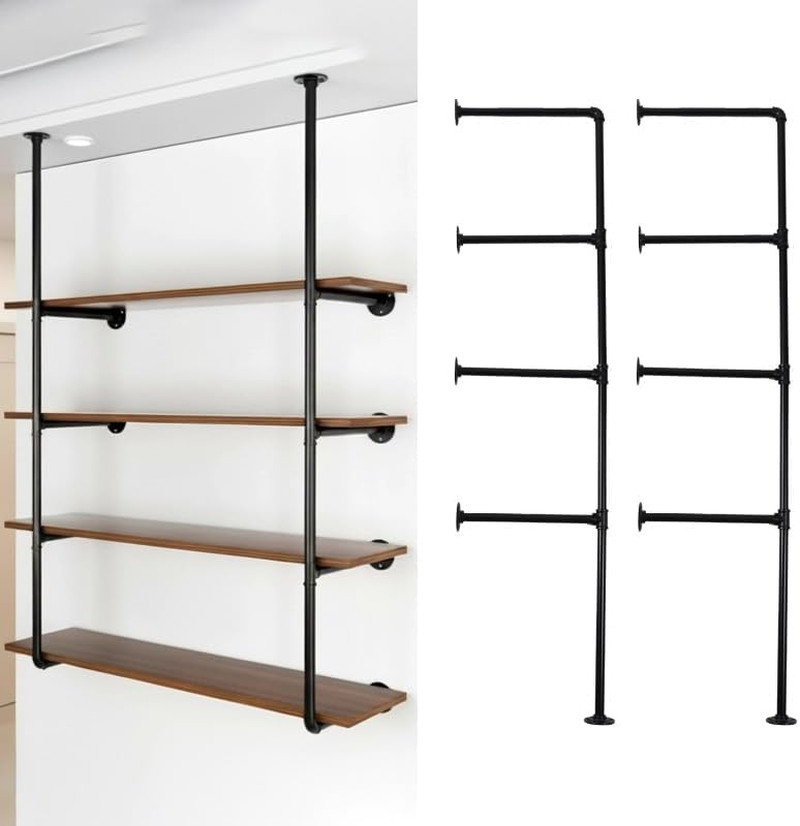 Industrial Pipe Shelving System with 4 Tiers, Black Iron Wall Mount, Floor to Ce