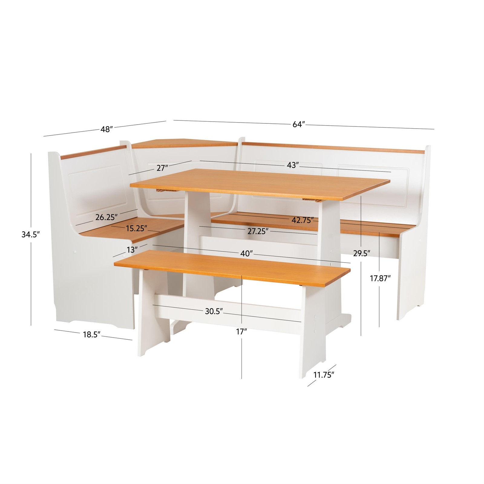 DEFECTIVE Linon Ardmore Pine Wood Corner Nook Dining Set with Storage in G3D