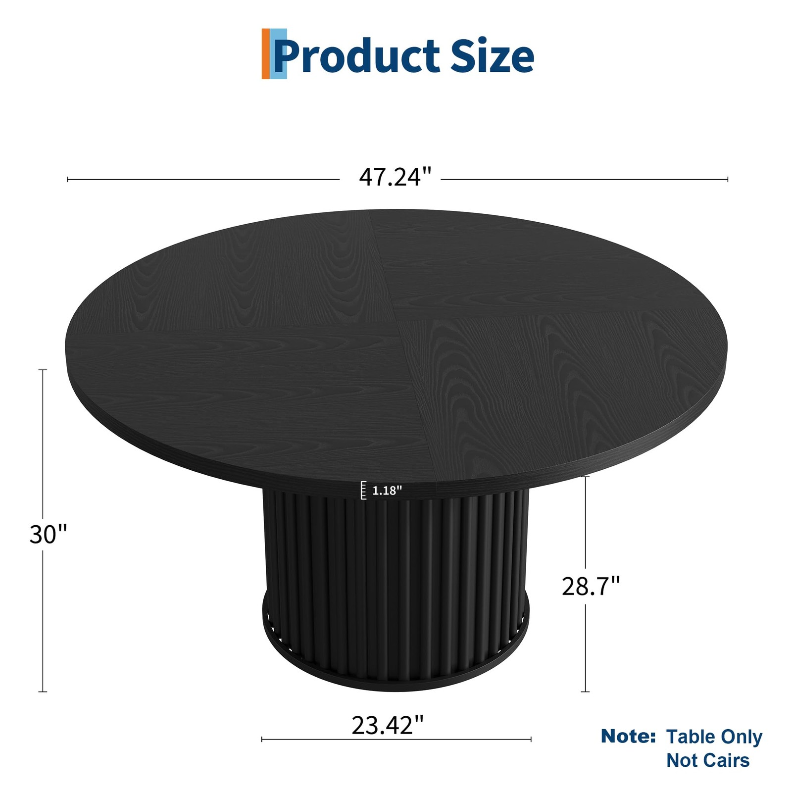 47″ Round Dining Table for 4-6 Black Industrial Kitchen Table w/ Waveform Base