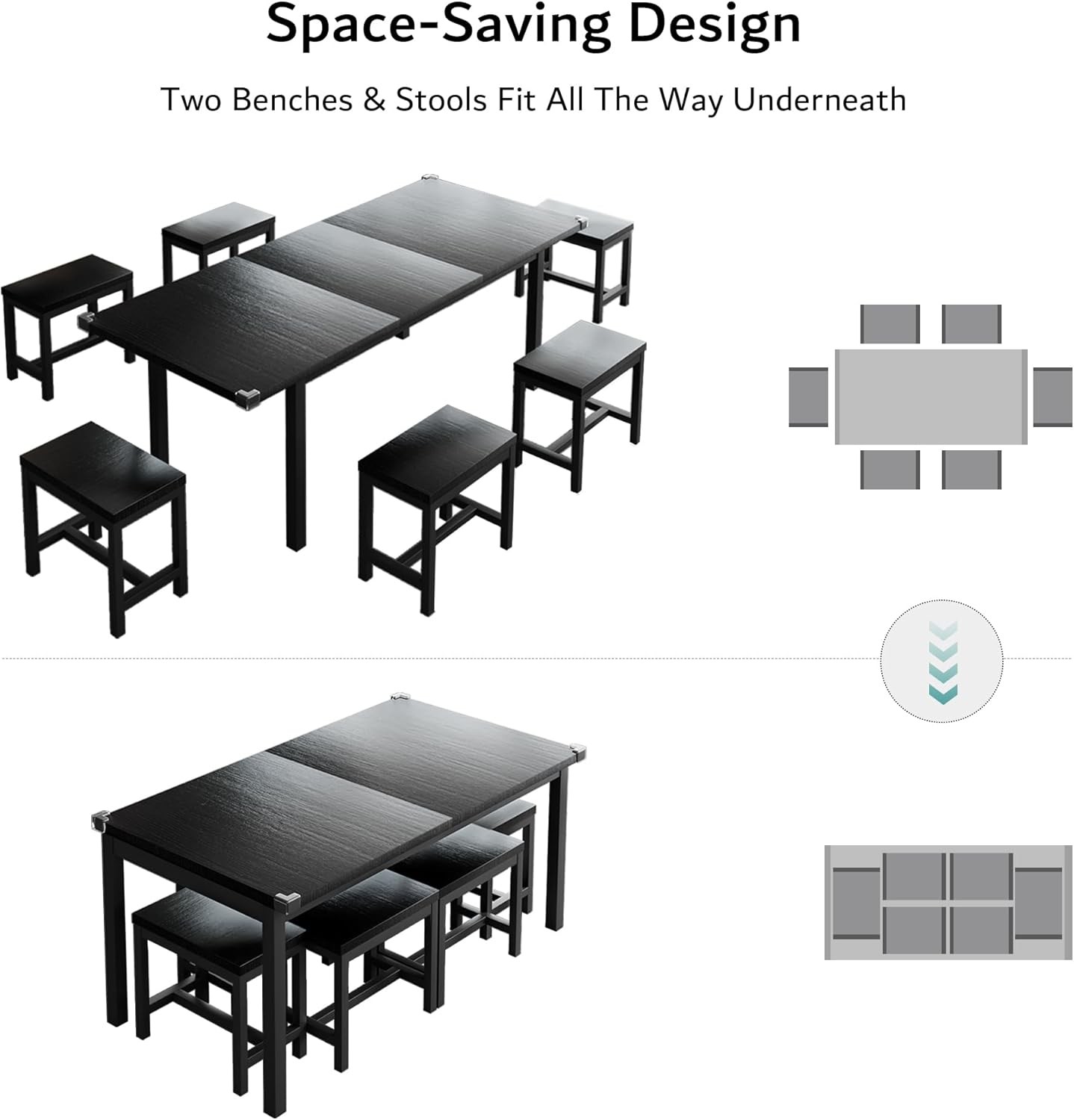 7-Piece Extendable Dining Table Set with 6 Stools, 63″ Kitchen Table Set for