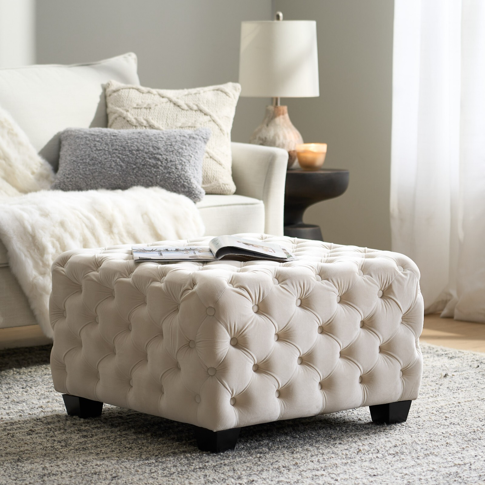 Provence Modern Glam Button Tufted Diamond Stitch Velvet Square Ottoman