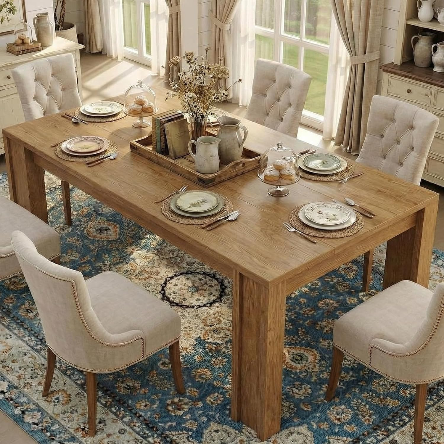 71″ Farmhouse Dining Table for 6-8, Sturdy Wood Kitchen Table, Natural Finish