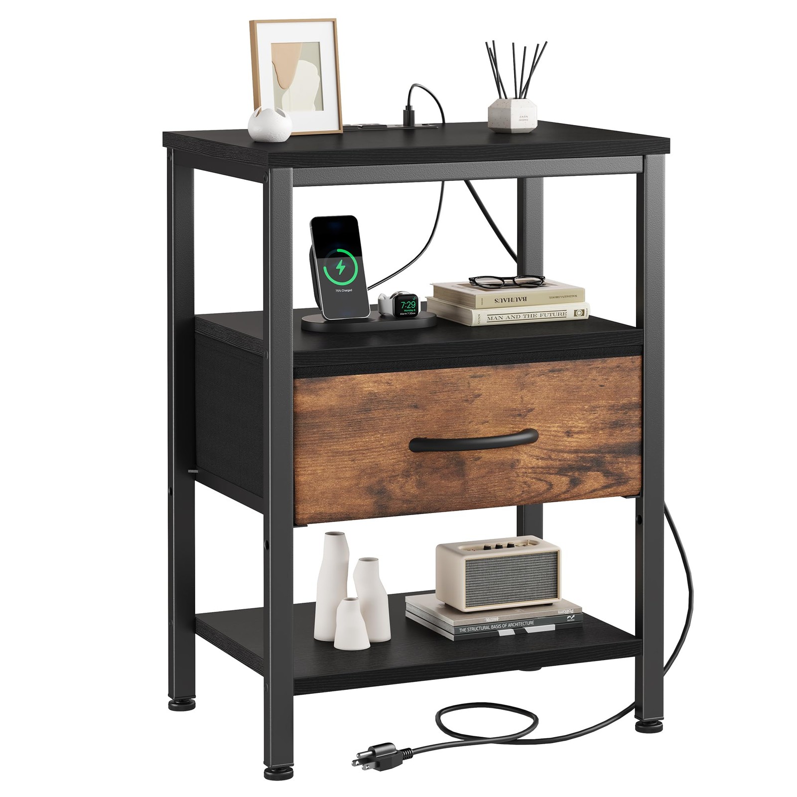 Bedside Table Charging Station Fabric Drawer 3Tier Storage End Black Brown