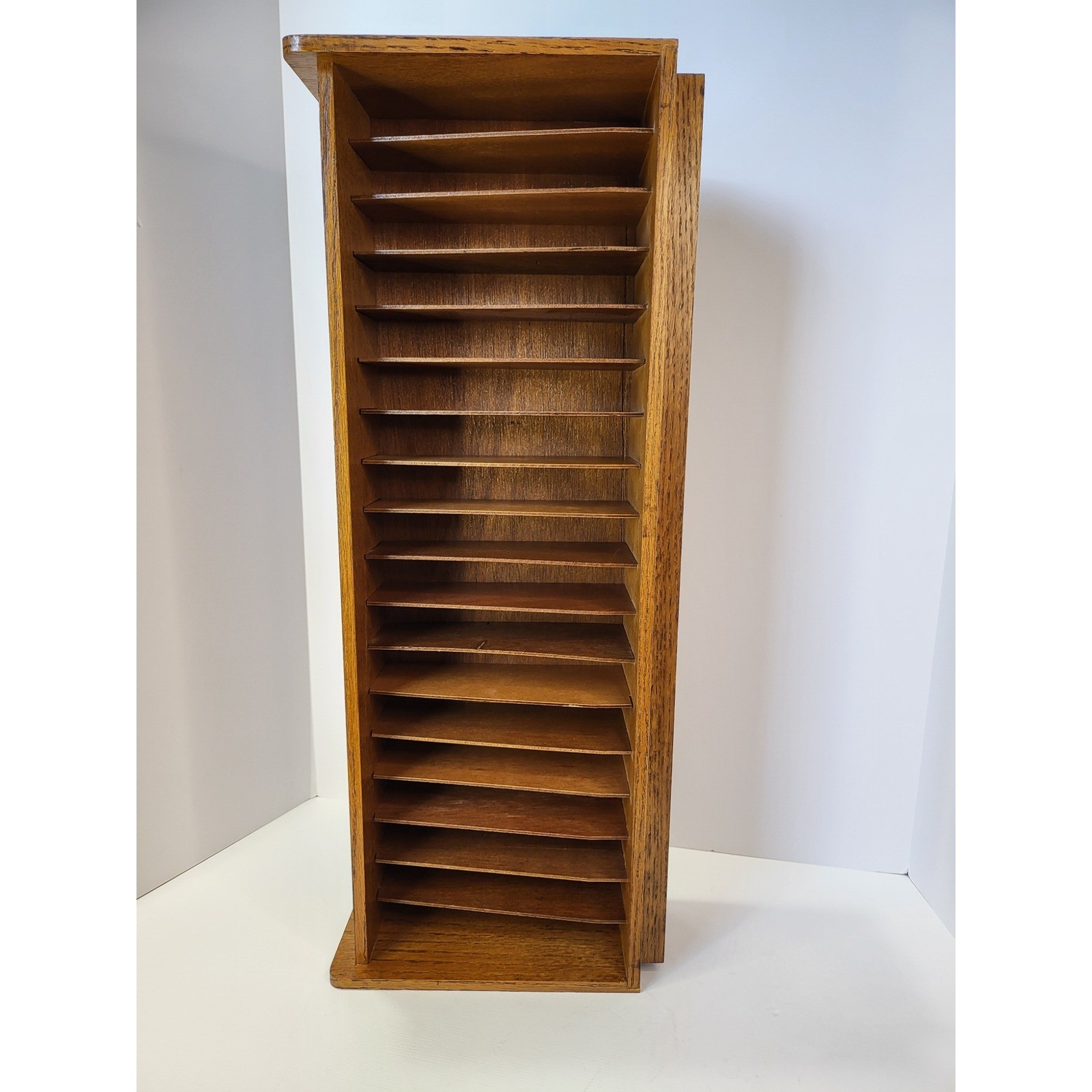 Vintage Retro Wood Media Storage Rack 18 Slot Holder Oak Tone Media Organizer