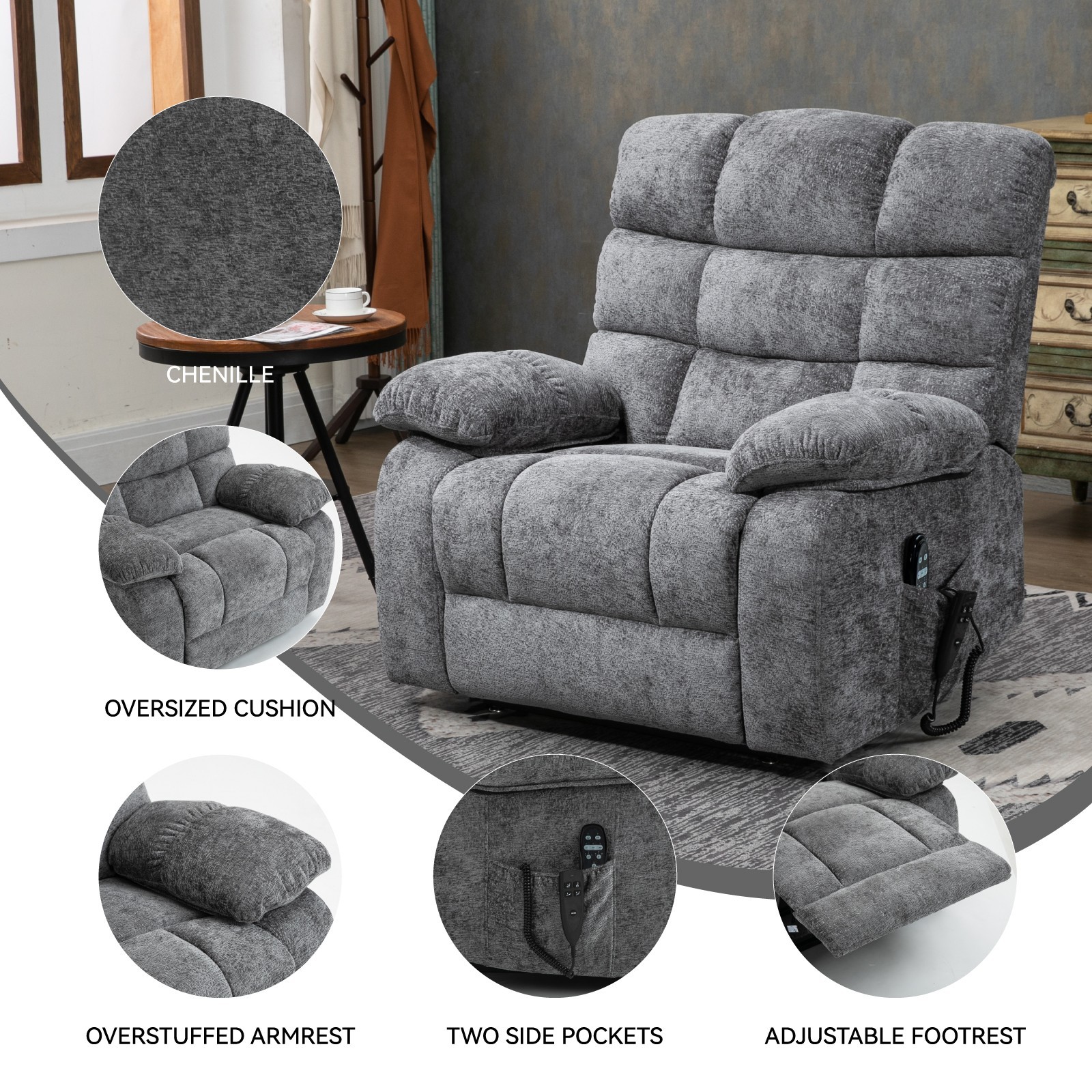 Oversized Lay Flat Massage Heat Power Lift Recliner Chair for Elderly Dual Motor