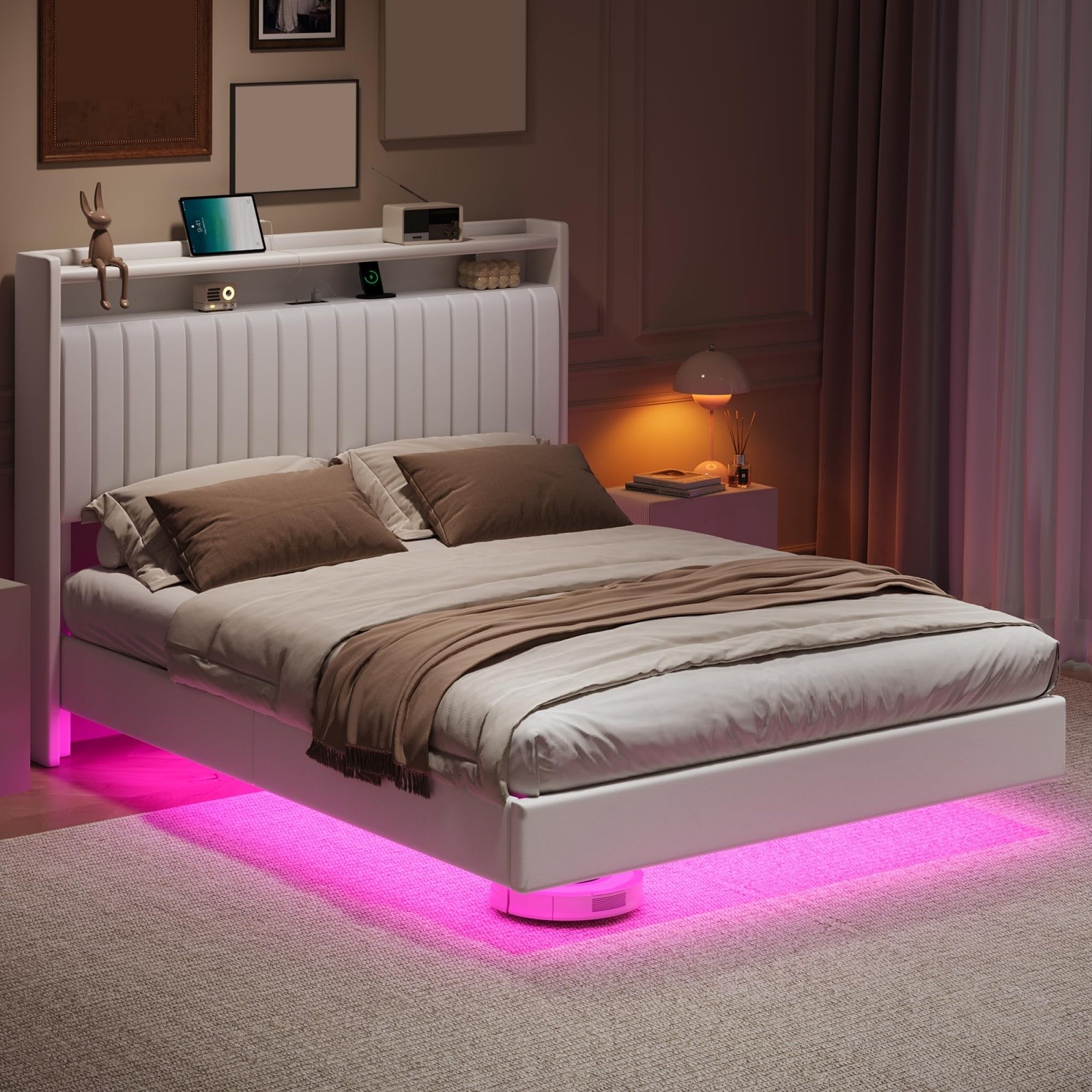 Queen Bed Frame, Floating Queen Size Bed Frame with Storage & Charging Station