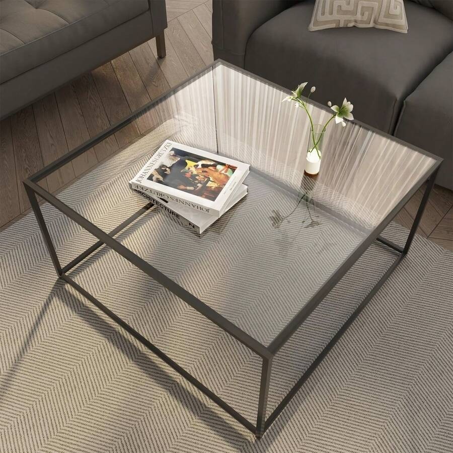 Square Glass Coffee Table, Black Metal Frame, 26.4″x26.4″, 150lb Capacity