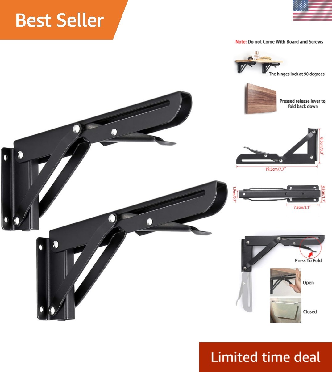 Space-Saving 8-Inch Folding Shelf Brackets – Black Metal, 99lb Capacity – 2 Pack