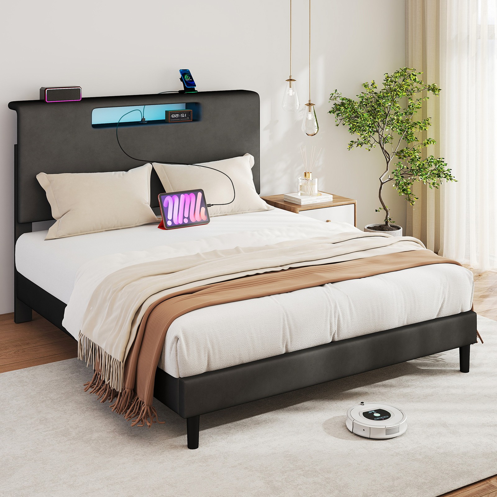 Full Size Upholstered Bed Frame Multi-Mode RGB Lights Practical Charging Ports