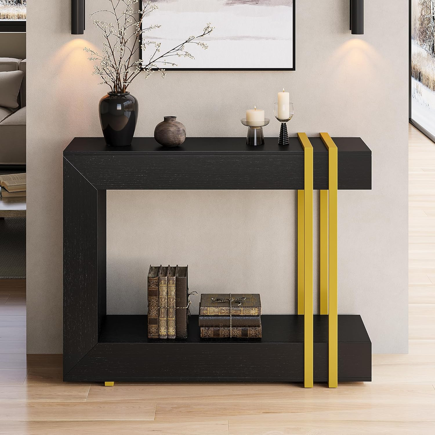42.5″ Black Console Table, 2-Tier Narrow Entryway Table for Living Room/Foyer