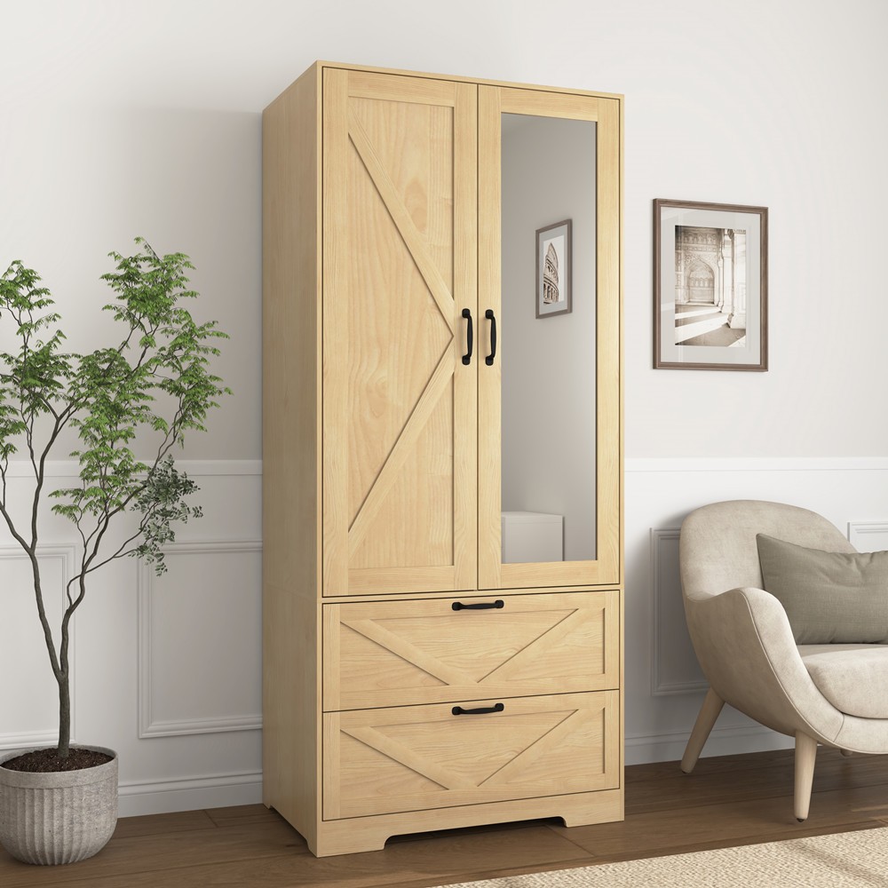 2 Doors Freestanding Wardrobe Mirror Armoire Closet w/induction Light, 2 Drawers