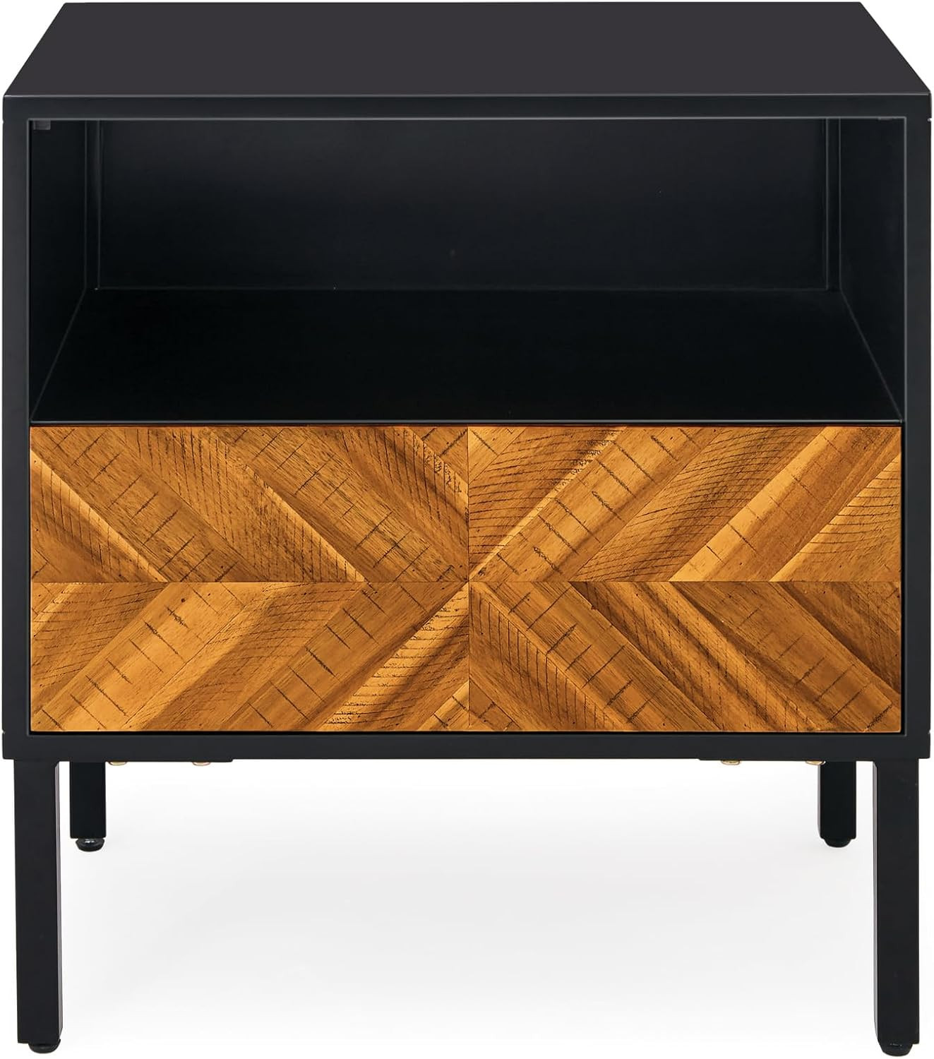 Rustic Herringbone Wood Nightstand – Easy Assembly, Golden Brown & Black Finish