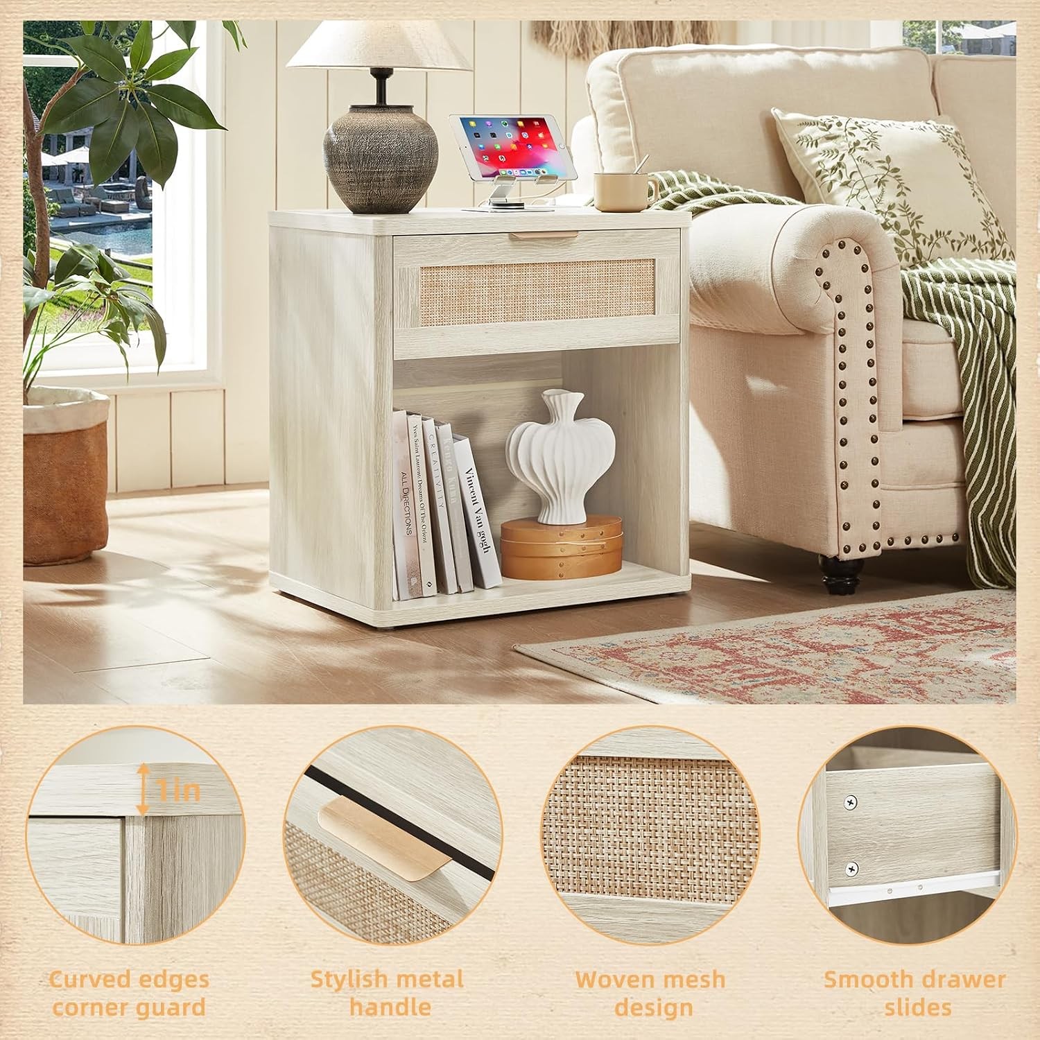 Rattan Nightstands Set of 2 with Charging Station, Grey White Night Stand with
