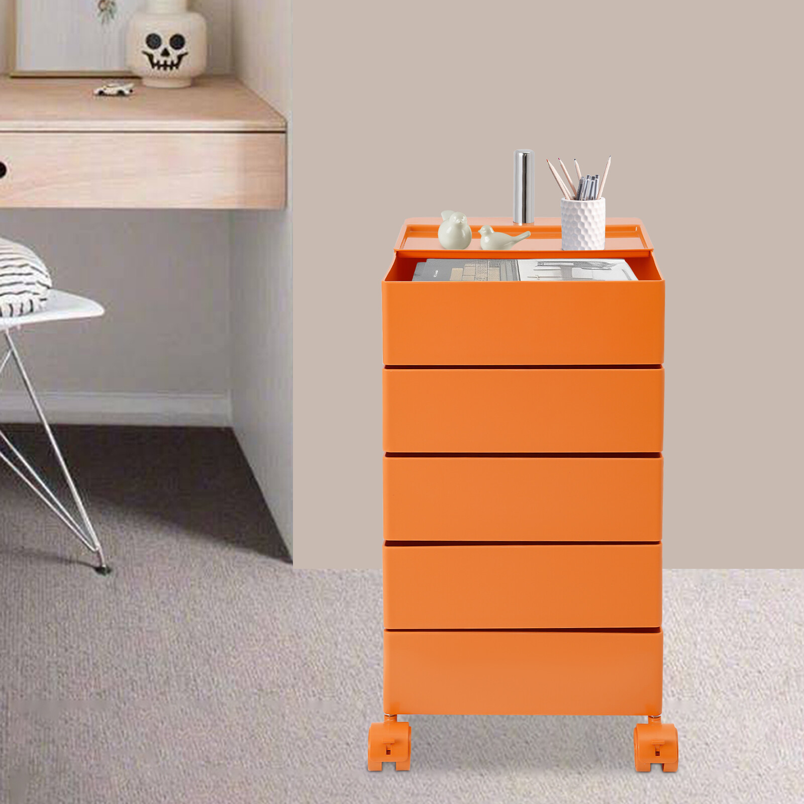 5 Tiers 360-degree Rotating Storage Cabinet Bobby Cabinet w/Wheel Orange