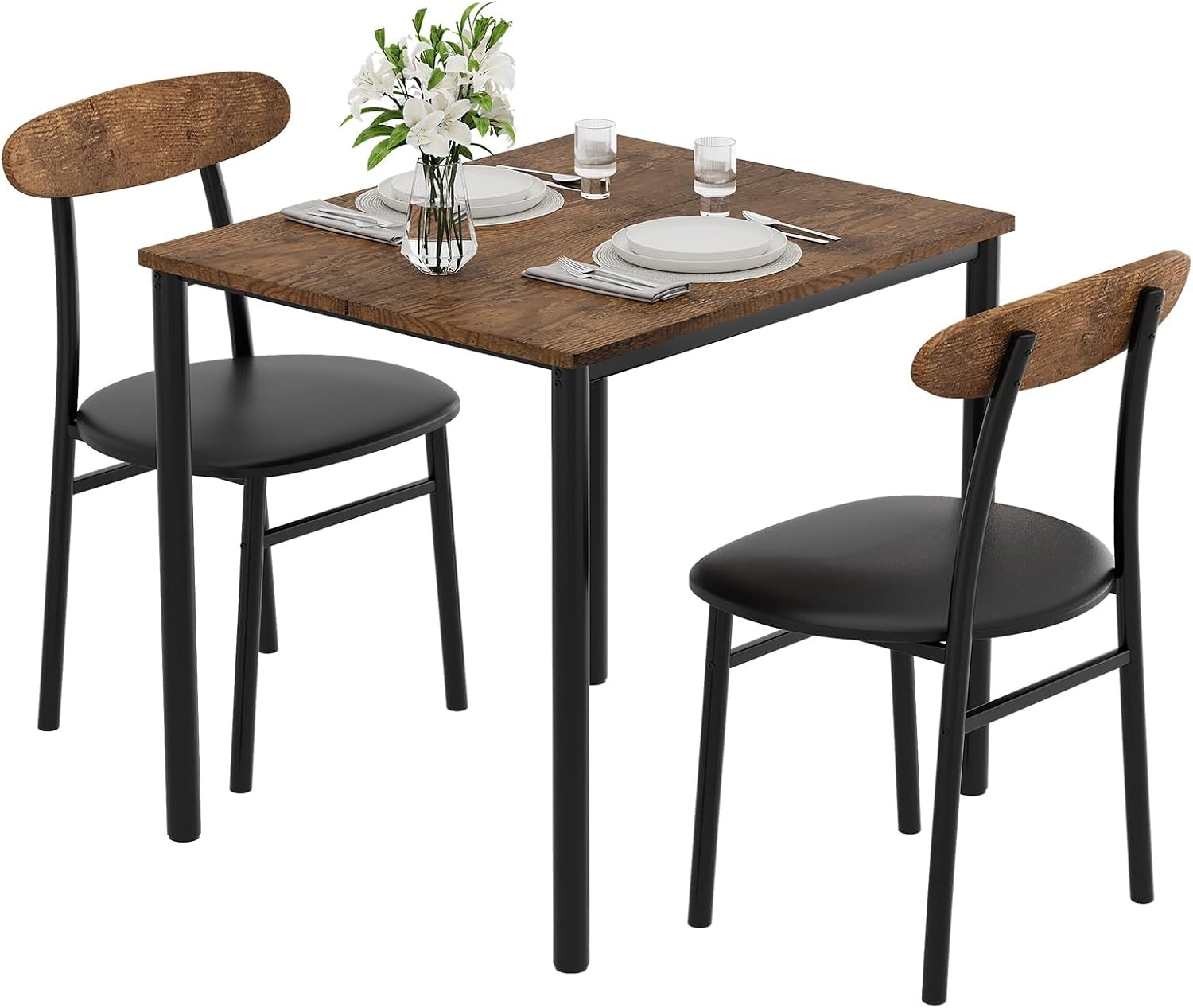 Dining Table Set for 2, Wood Square Table with 2 Upholstered Chairs for Kitchen