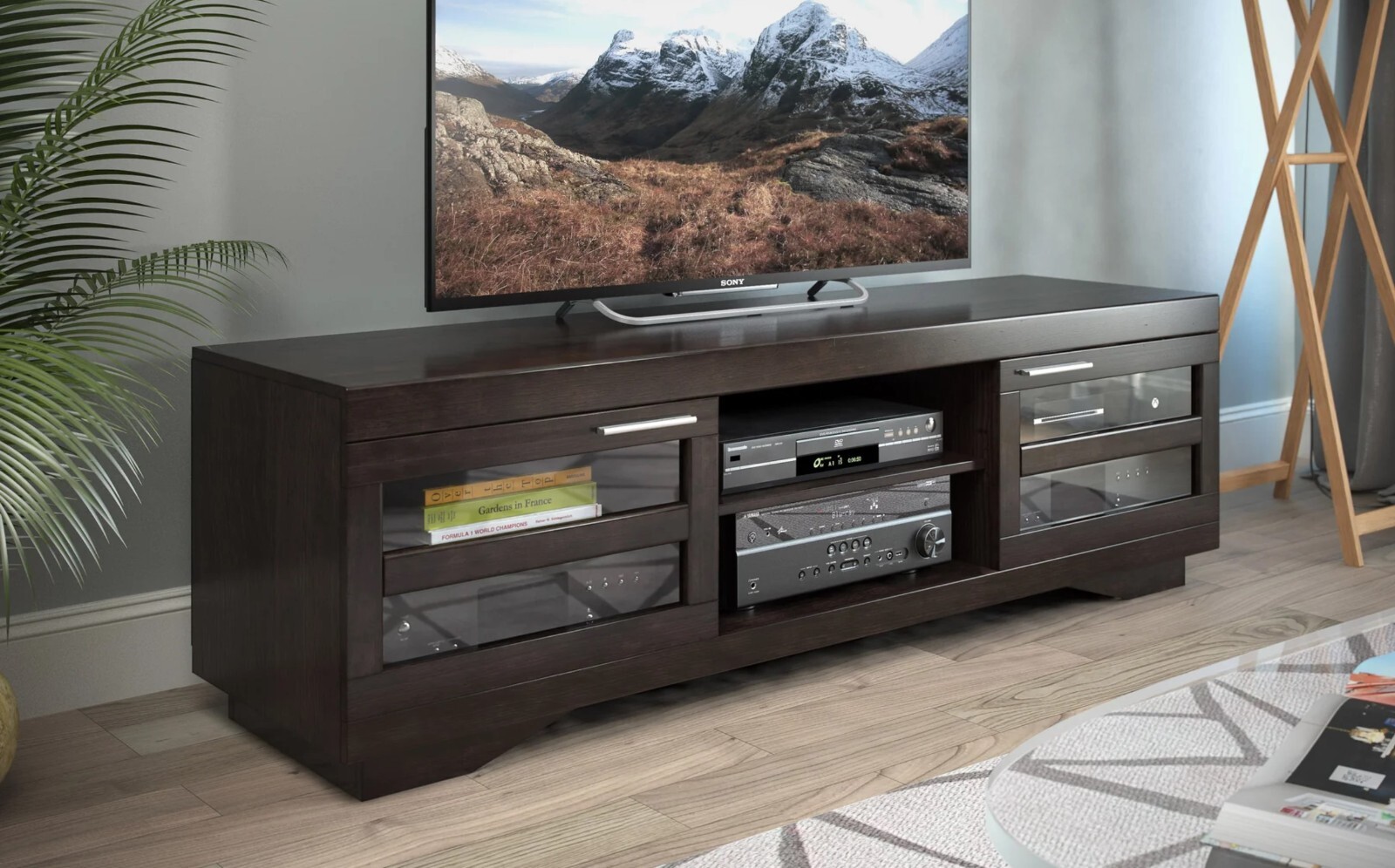 NEW Wide Wooden TV Bench Stand Entertainment Center Espresso Dark Brown/Black