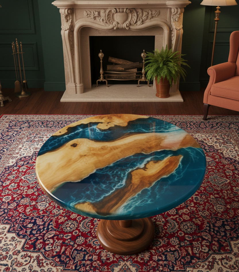 15″ Handcrafted Ocean Wave Resin Art Table Luxury Live Edge Round Wood End Table