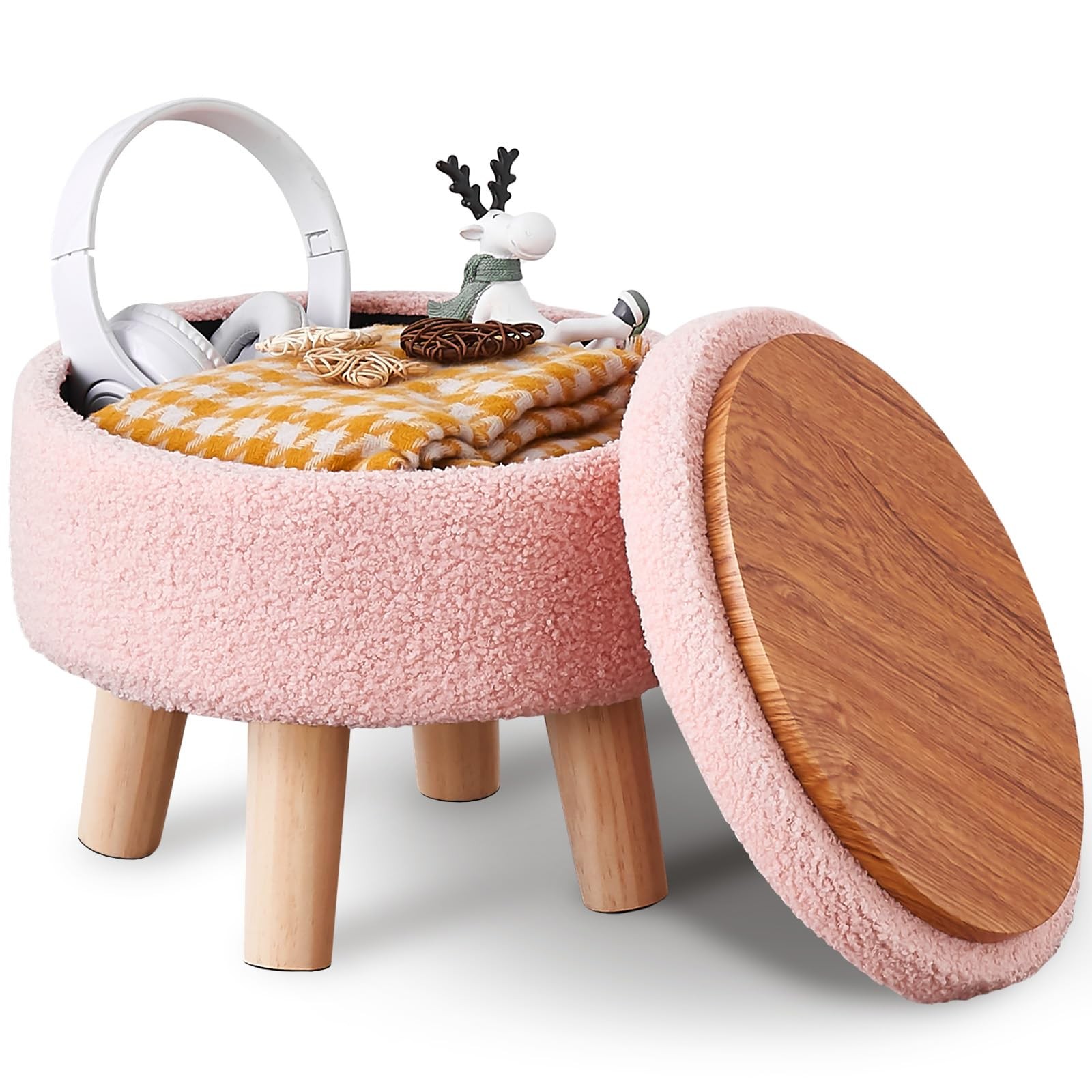 Storage Ottoman, Modern Round Footrest with Soft Padded Seat, Teddy Velvet Fo…