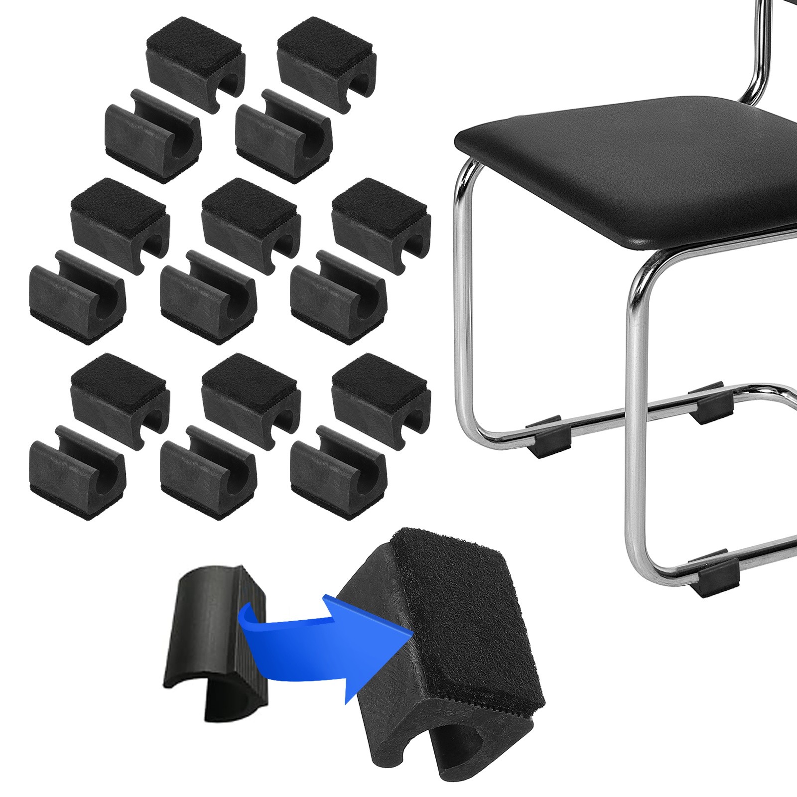 16 Pack Rectangle U Shaped Chair Leg Tip Cap with Felt Pad Fit Dia 12mm Black
