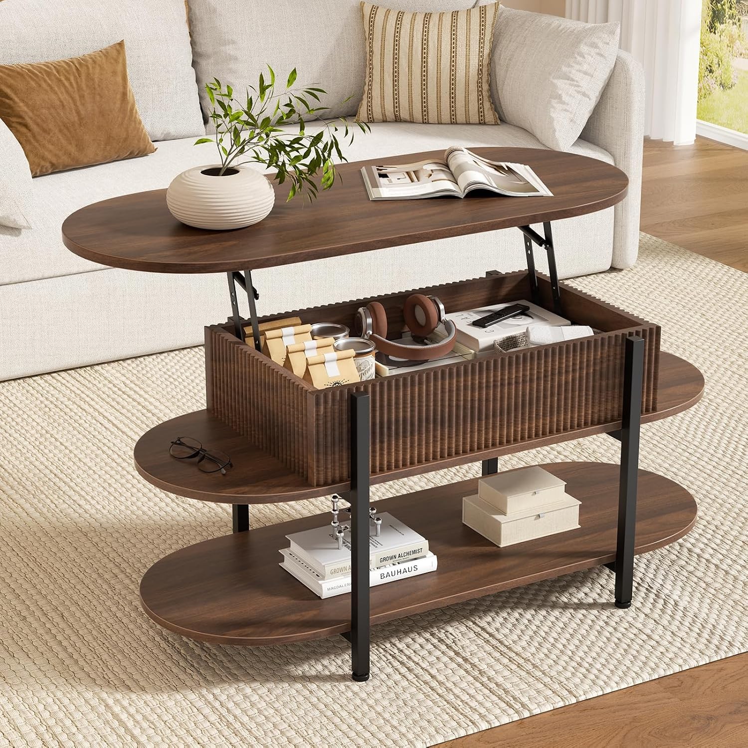 41.7″ Fluted Oval Lift Top Coffee Table W/ Hidden Storage Walnut Fluted Wood