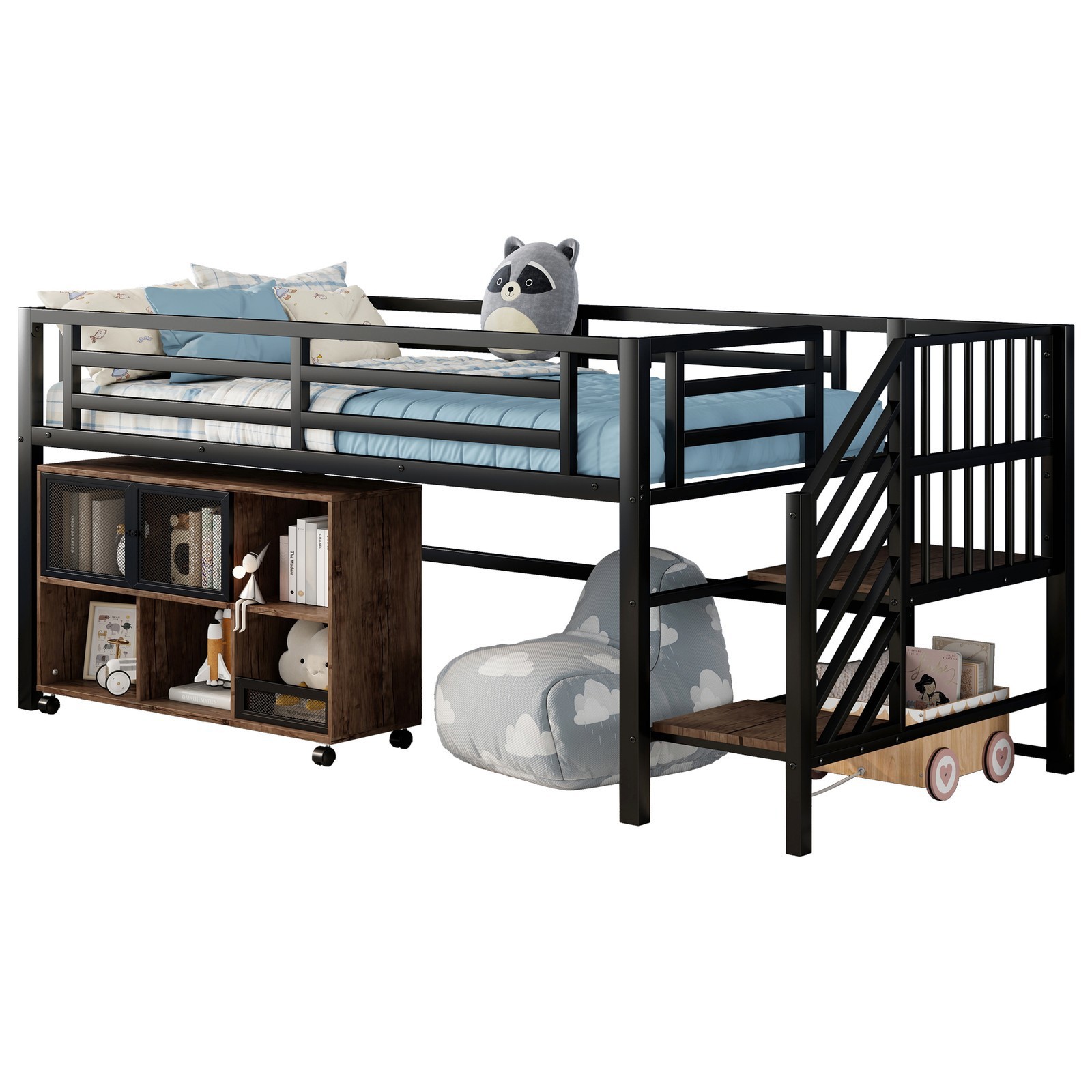 Twin Metal Loft Bed with Rolling Storage Cubby,Low Loft Bed w/Stairs for Kids