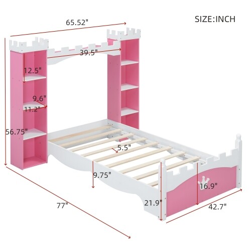 Castle-Shaped Platform Bed with Storage Shelves Both Side Wooden Bed Frames Twin