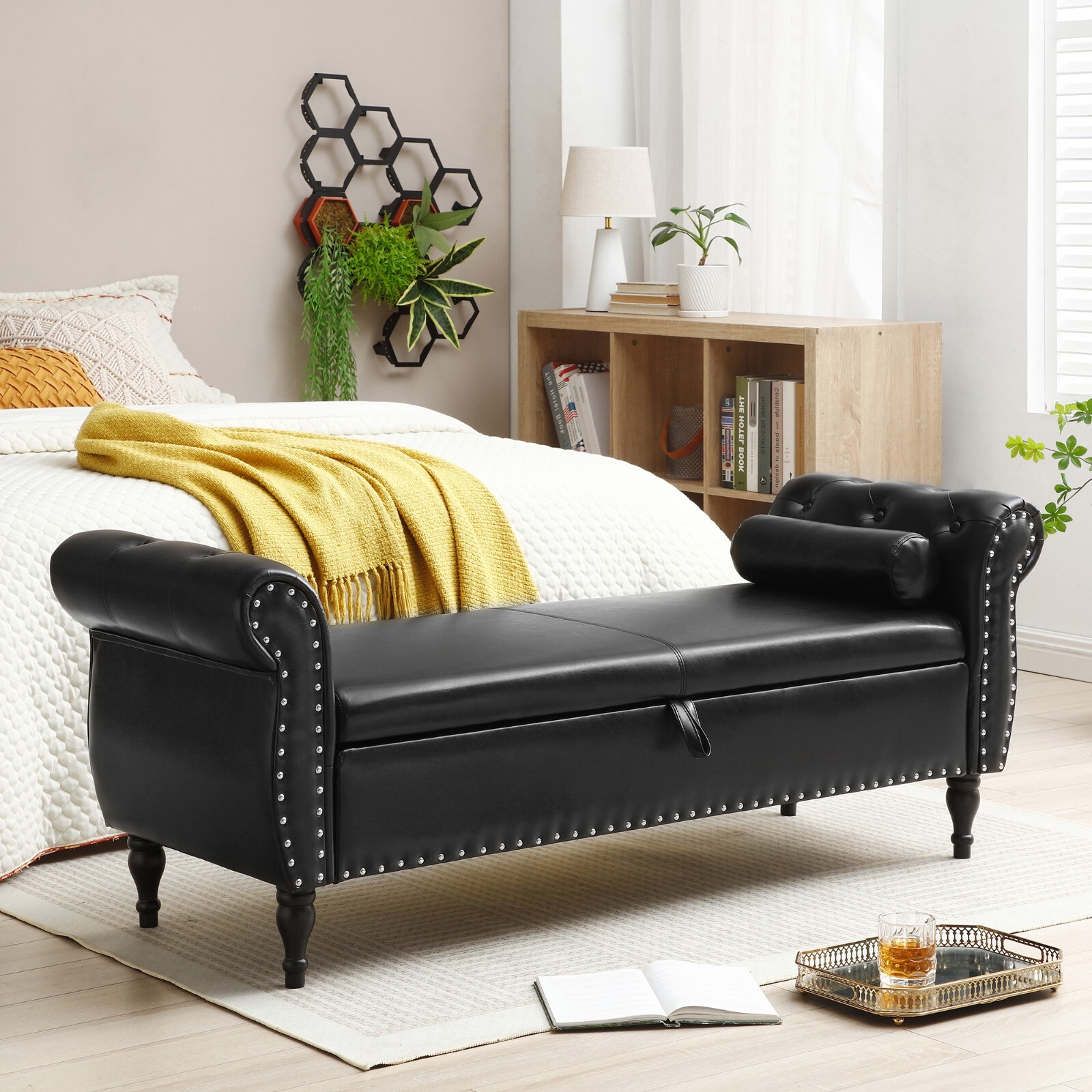 Modern Faux Leather End of Bed Bench Storage Ottoman Stool Seat with Rolled Arms