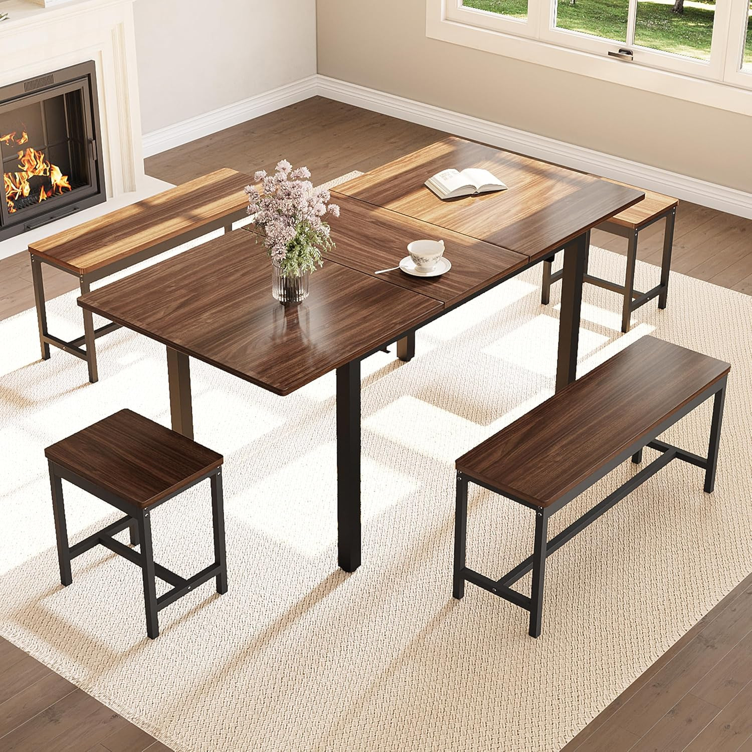 Extendable 5-Piece Dining Set for 4-8, Modern Space-Saving Furniture, Brown