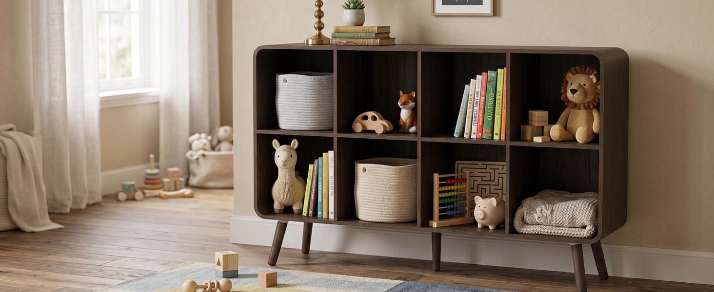 8 Cube Bookshelf – 46.5″ Wood Cube Bookcase with Legs, Open Cubby Bookshelves