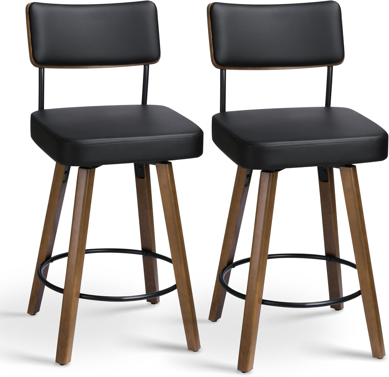 Modern 25″ Faux Leather Counter Height Bar Stools with Wooden Legs, Black
