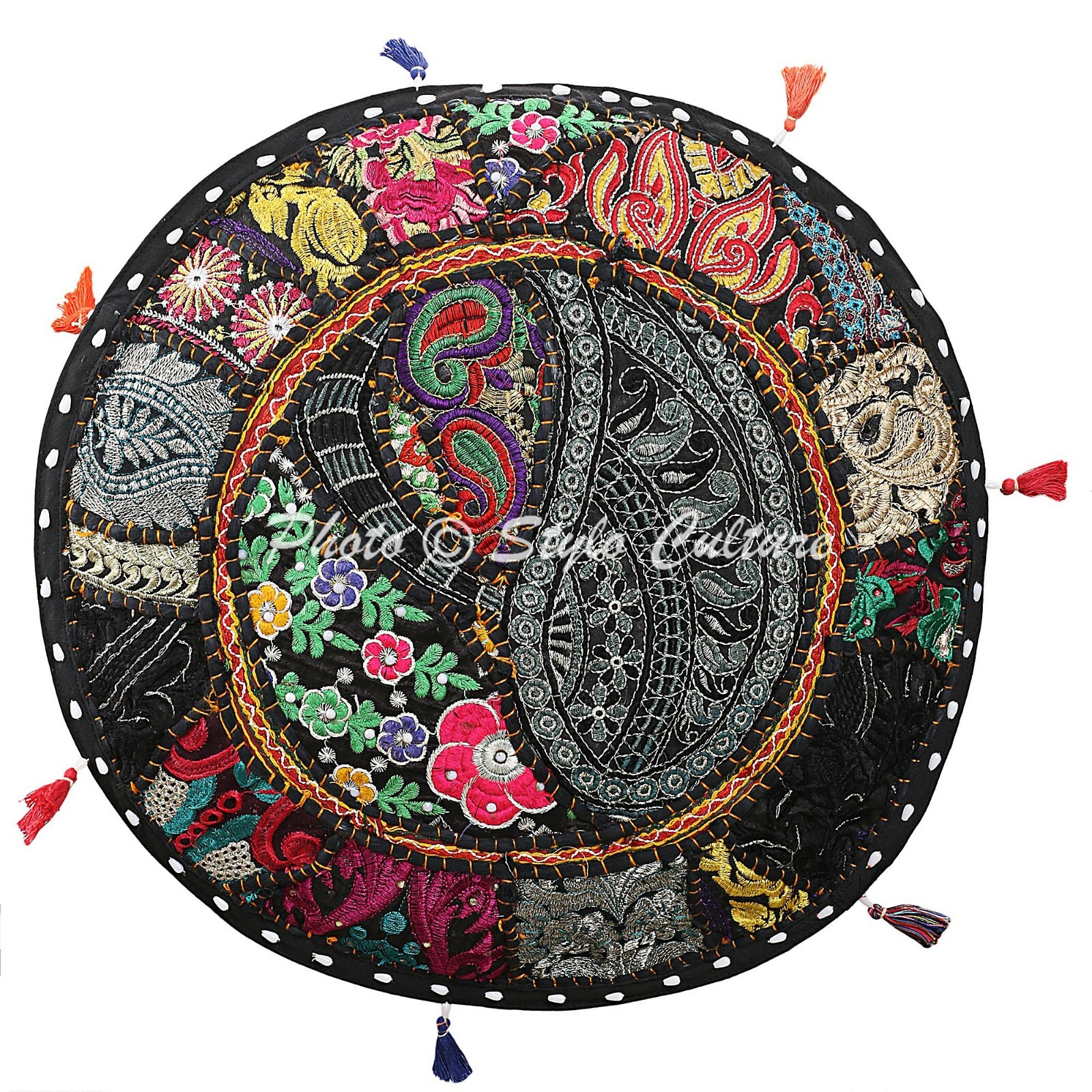 Indian Round Pouf Cover Patchwork Embroidered Ottoman Chair Bohemian 18″ Black
