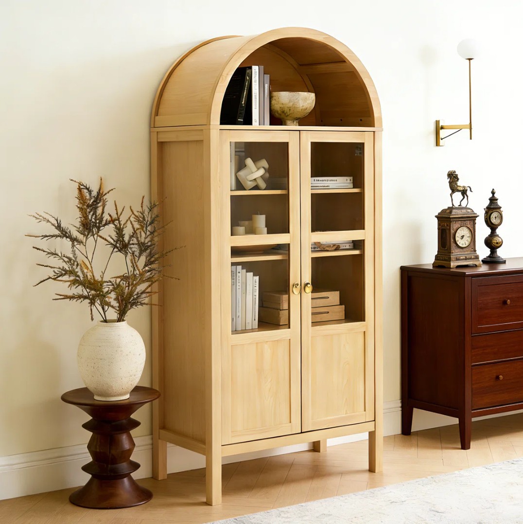Arched Display Cabinet w/ Glass Door 4 Tier Curio Cabinet Display Wood Bookcase