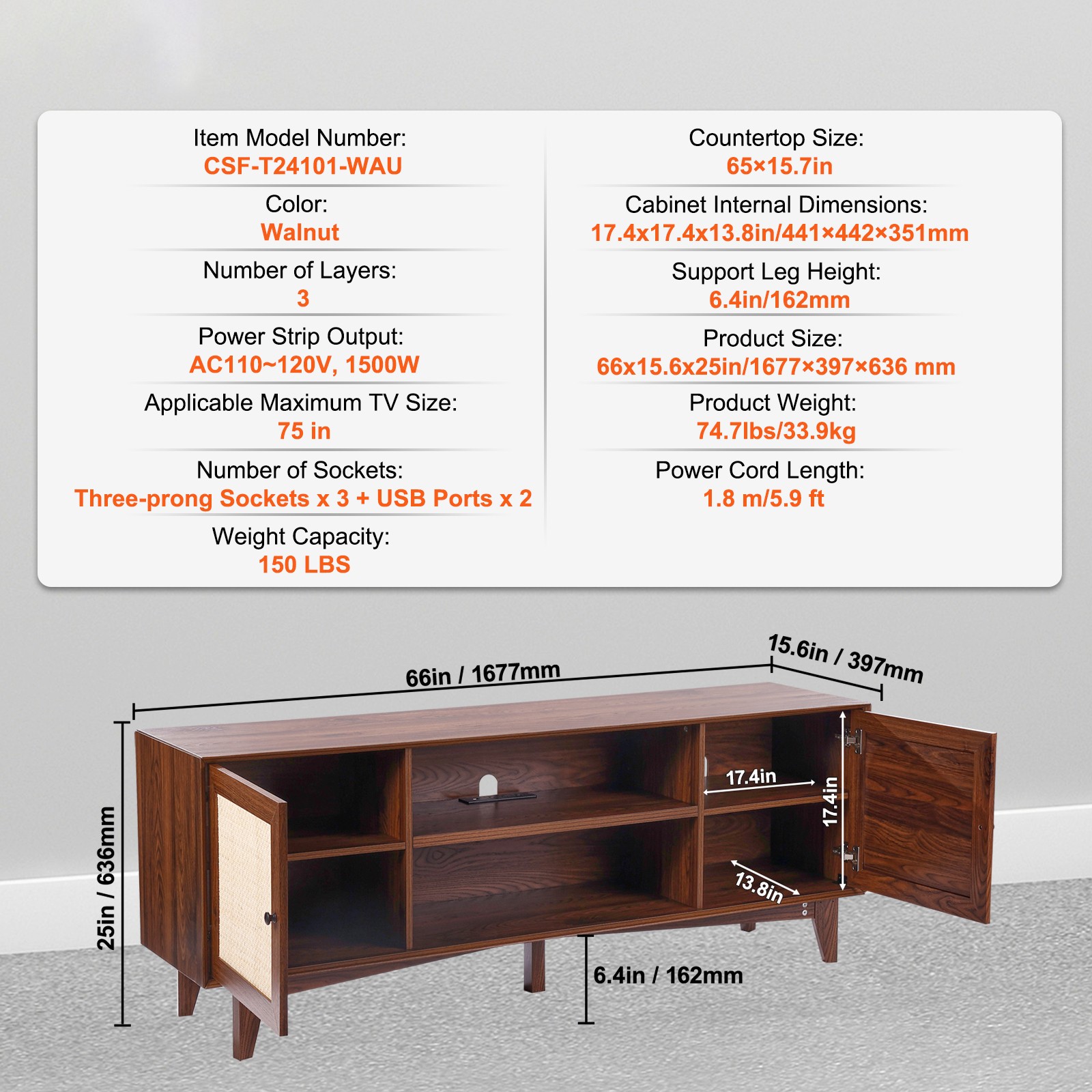 Uimoso Rattan TV Stand for 75″ TV Boho TV Stand with Build-in Socket Walnut